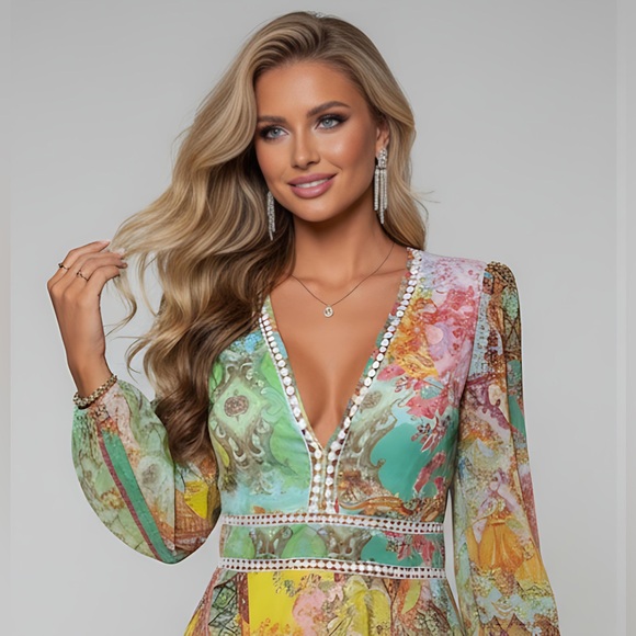 Boho Floral & Paisley Plunging Neck Dress - Picture 2 of 5